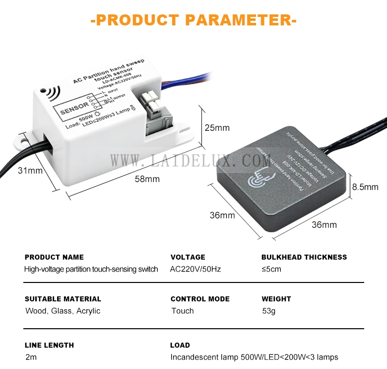 AC220V Wood Penetration Touch Dimming Sensor Switch（Square）