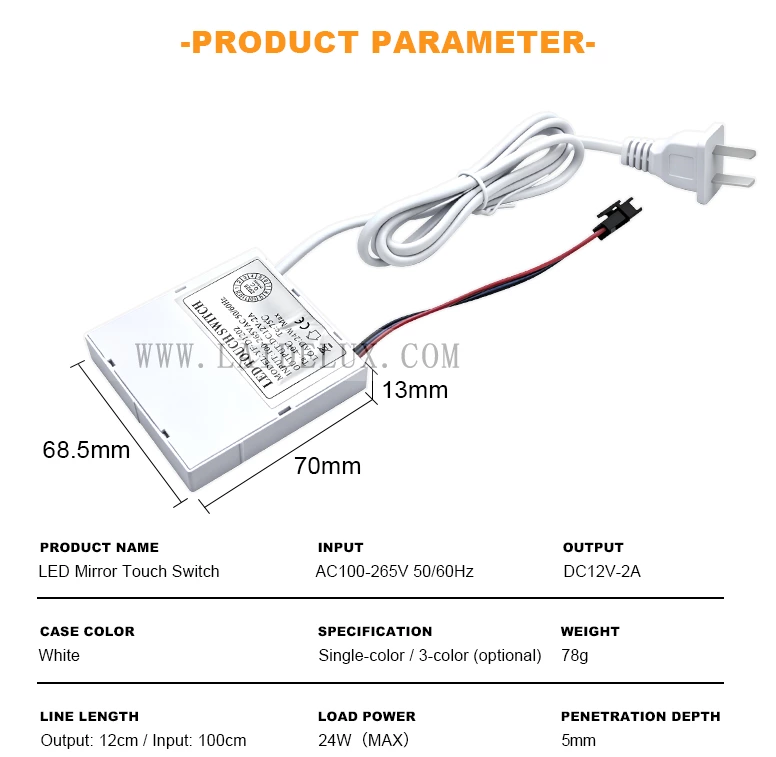 LED Mirror Touch Sensor Switch with US Plug（DoubleColor Without Defogging）
