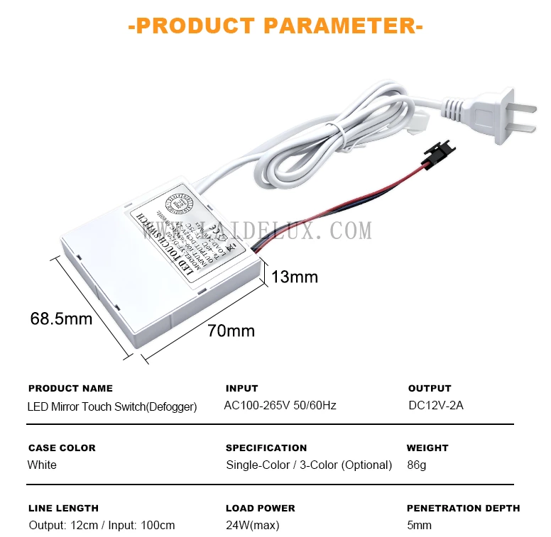 LED Mirror Touch Sensor Switch with US Plug（Single Color With Defogging）