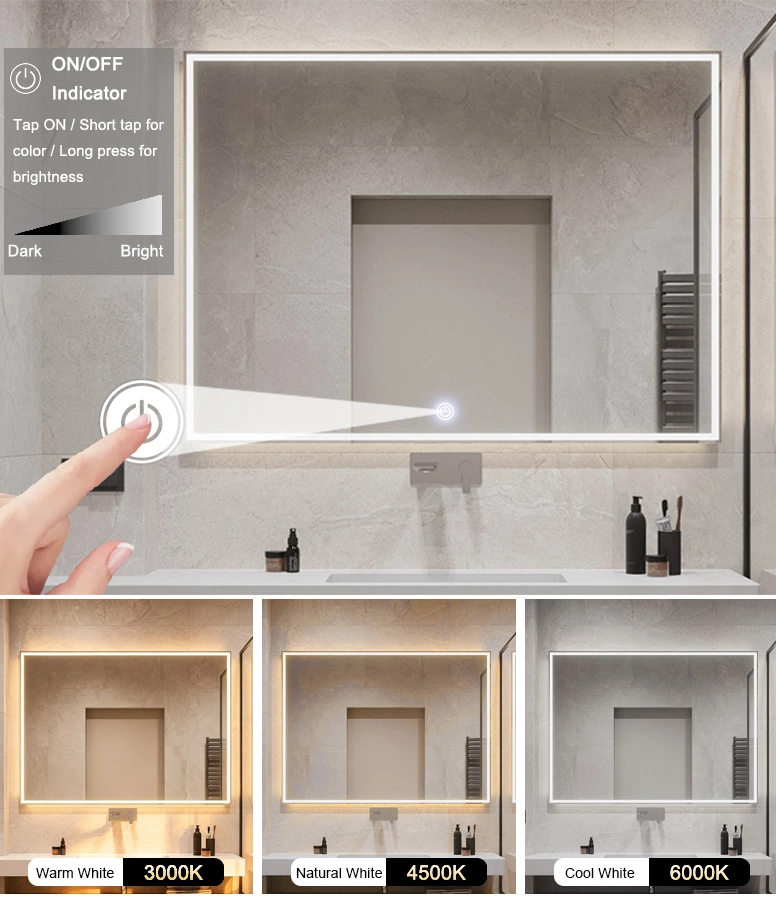 LED Mirror Touch Sensor Switch with US Plug（Single Color With Defogging）