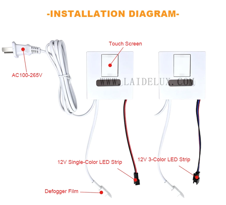 LED Mirror Touch Sensor Switch with US Plug（Single Color With Defogging）